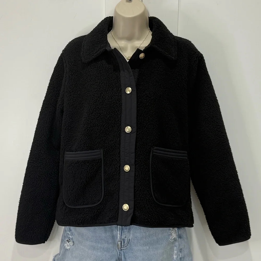 J.Crew Teddy Sherpa Lady Jacket Gold Buttons Small Black Preppy Classic Chic